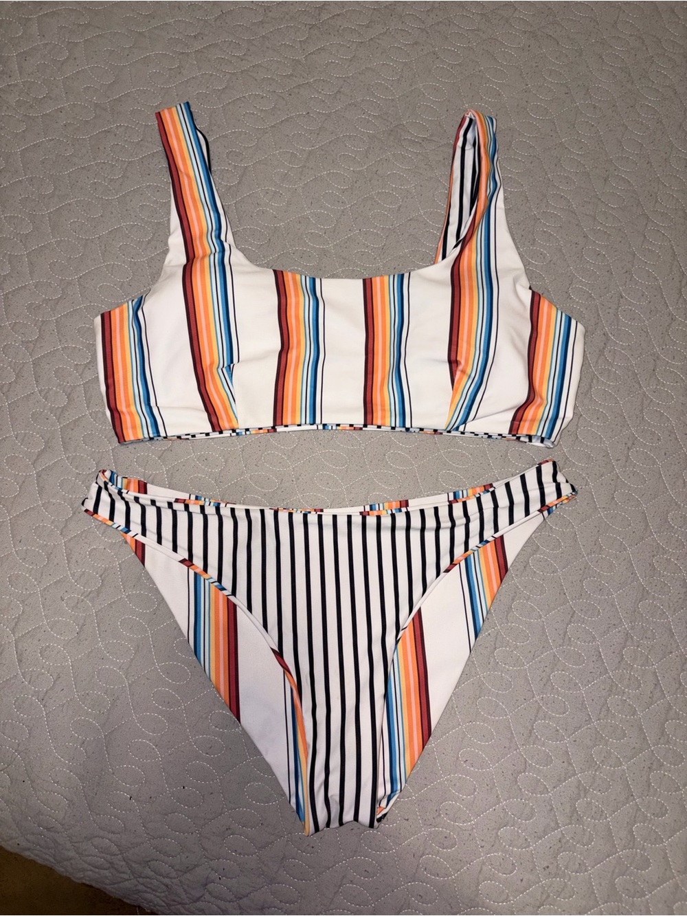 Striped Reversible-Look Bikini Set in White with Multicolor Stripes